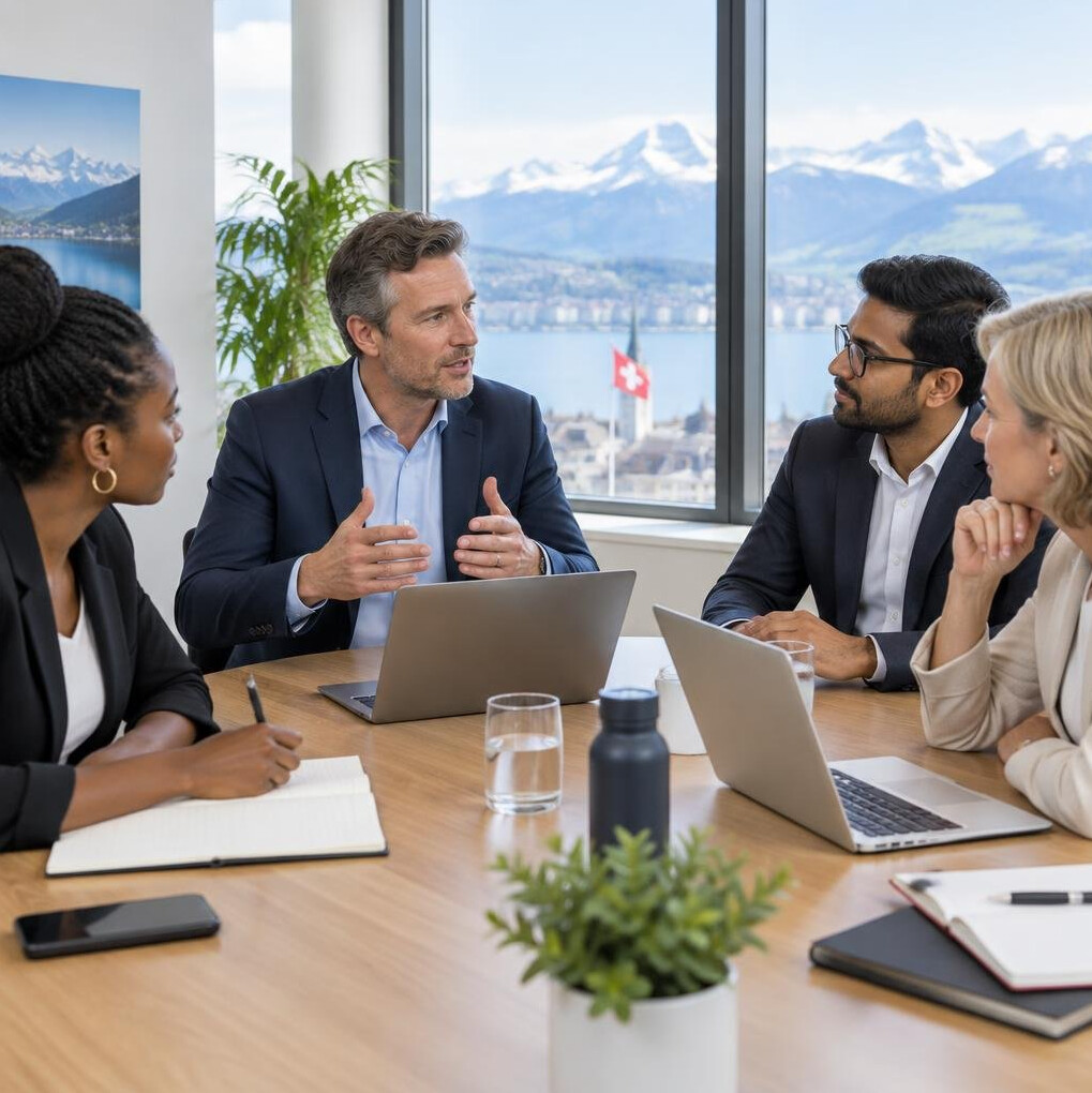 Business team discussing around a table in a bright meeting room